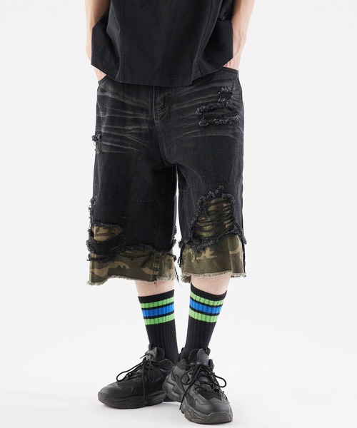 Theater code ジーンズ Damaged camouflage half denim pants/迷彩