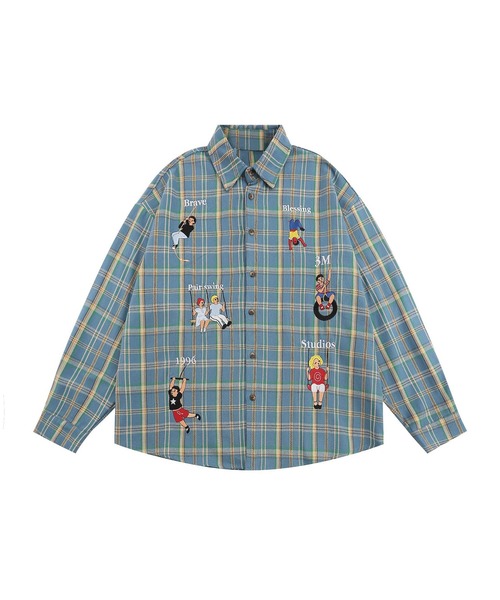 シャツ 「HOOK」レトロ調人物刺繍チェック柄長袖シャツ メンズ