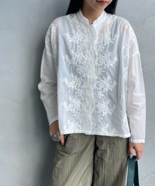 mizuiroind（ミズイロインド） ブラウス シャツ レース刺繍 スタンド