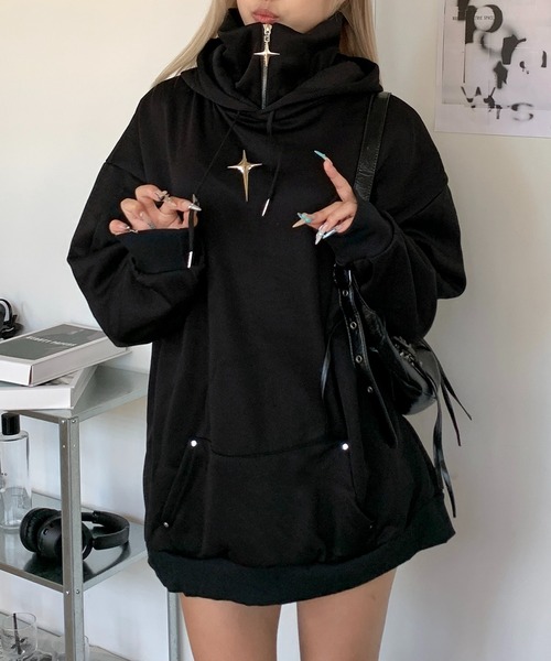 lilful パーカー ビッグシルエットハイネックメタルパーツクロス