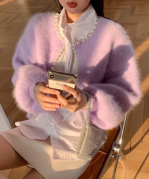 LACーVERT カーディガン パールパイピング シャギーファーカーディガン