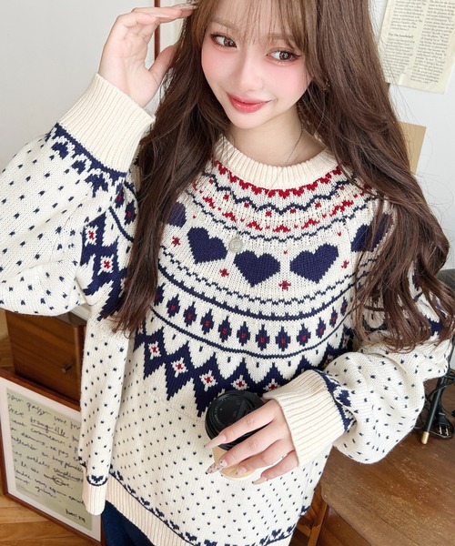 moment+ ニット セーター 5G ハート柄求心ジャガードニットプル