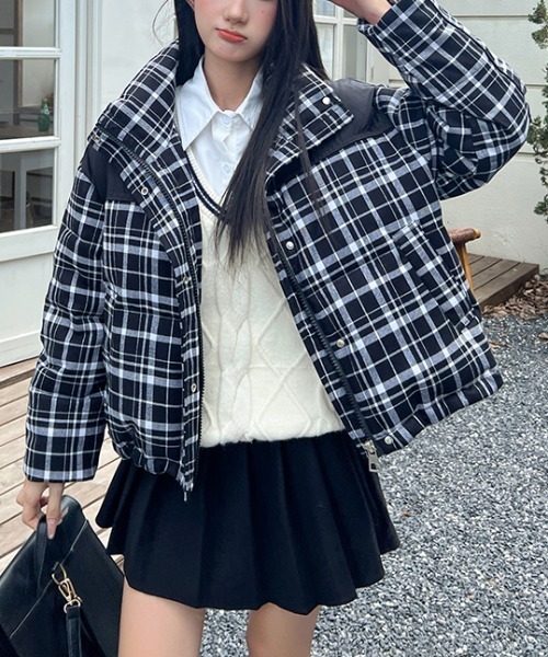 FAVORITO ダウンコート ダウンジャケット 切り替えチェック柄ジップス