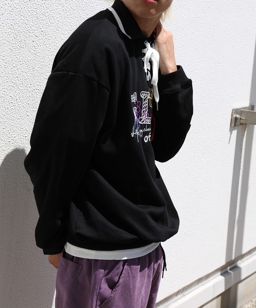 トレーナー スウェット HOOK -original- 古着風フリンジ刺繍編み上げ