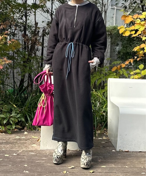 mi via loca ワンピース 配色フリースボア ハーフZIPロングワンピース
