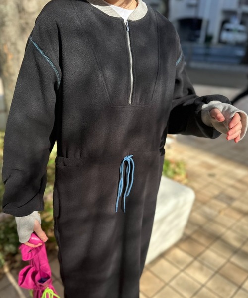 mi via loca ワンピース 配色フリースボア ハーフZIPロングワンピース