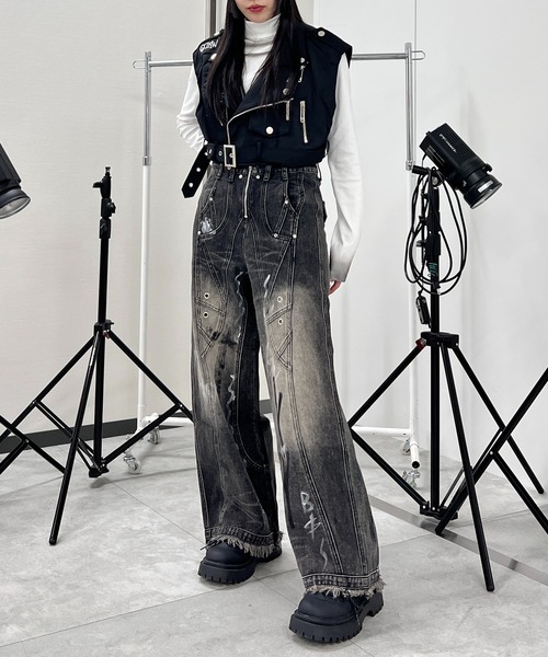 ジーンズ デニム デニムパンツ Y2Kペイントワイドバギーデニム