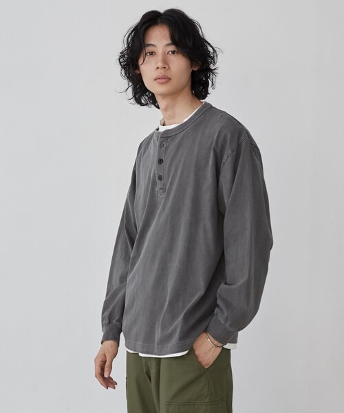 coen（コーエン） tシャツ ピグメントヘンリーネックロングTシャツ