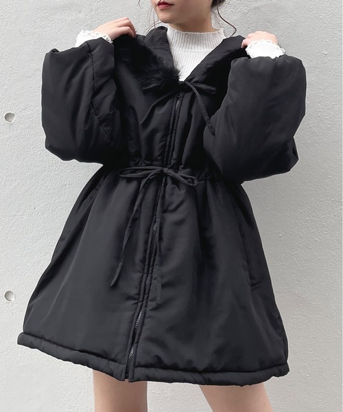 one way（ワンウェイ） ファー付きリボン中綿ダウンコート レディース