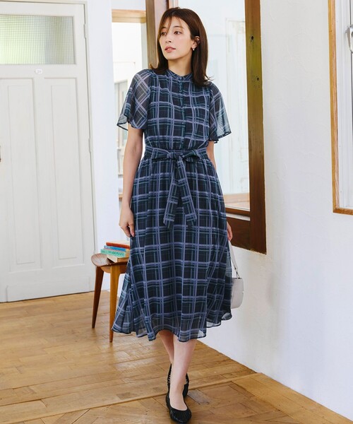Tiaclasse ワンピース チェック柄フレア袖シアーワンピース : ZOZOTOWN