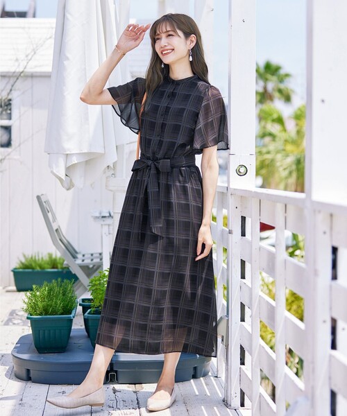 Tiaclasse ワンピース チェック柄フレア袖シアーワンピース : ZOZOTOWN