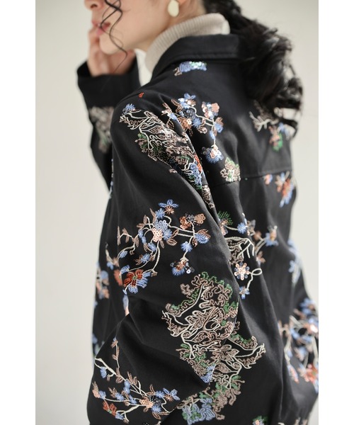 cawaii コート アウター （黒）スパンコール煌めくシノワズリな花柄
