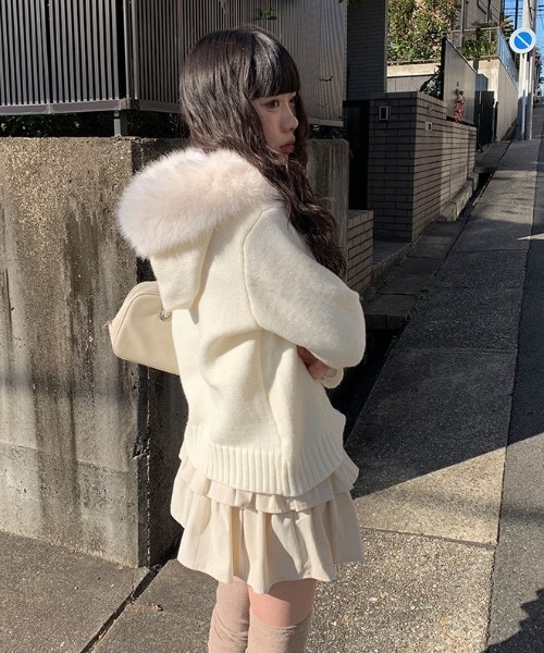 anyonemore パーカー フェイクファーフード付きニットジップアップ