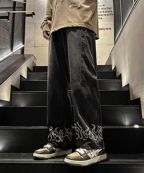 ジーンズ Y2K ファイヤモチーフ ワイドデニム メンズ レディース