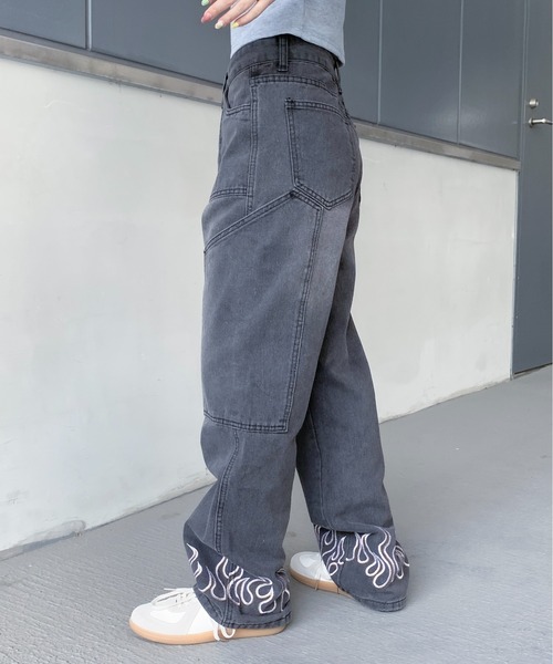 ジーンズ Y2K ファイヤモチーフ ワイドデニム メンズ レディース