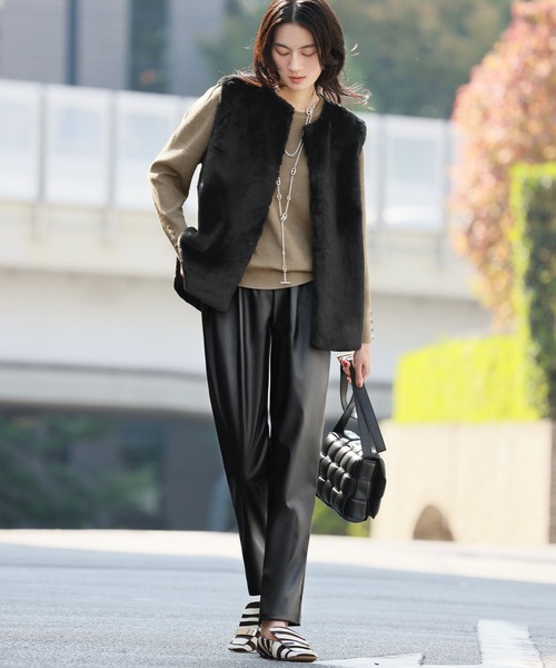 ELFRANK パンツ フェイクレザーテーパードパンツ レディース