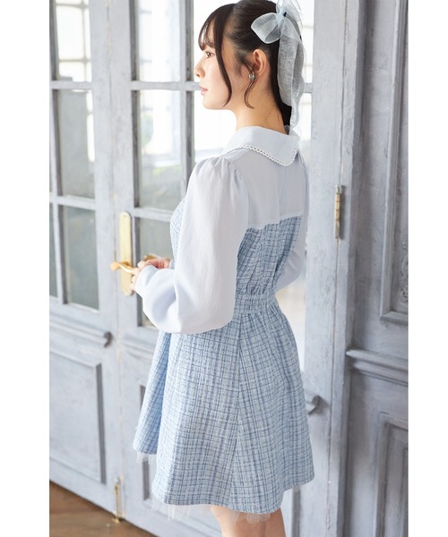 Suyunn ワンピース 2WAYリボン付きラメツイードドッキング