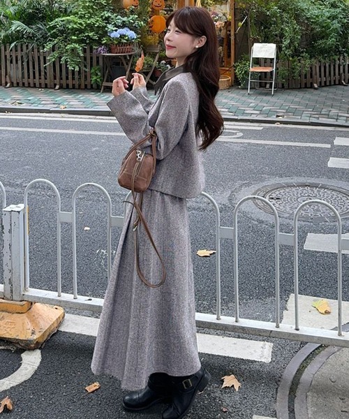 セットアップ 2点セットアップ 配色衿ショート丈ジャケット＆タック