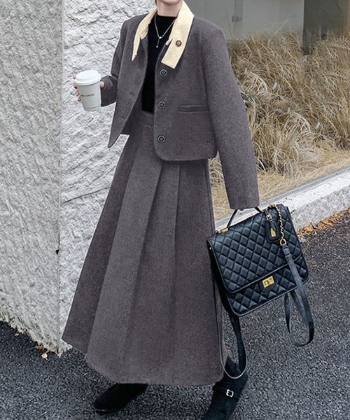 セットアップ 2点セットアップ 配色衿ショート丈ジャケット＆タック