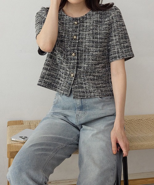ジャケット ノーカラージャケット 半袖ツイードジャケット レディース