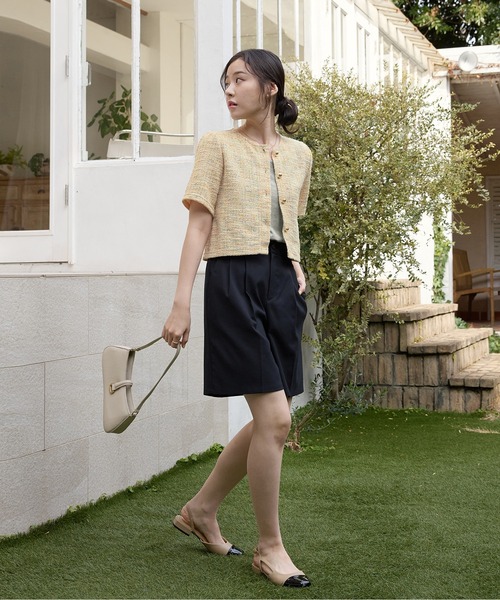 ジャケット ノーカラージャケット 半袖ツイードジャケット レディース