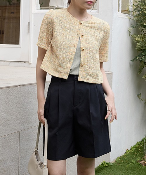 ジャケット ノーカラージャケット 半袖ツイードジャケット レディース