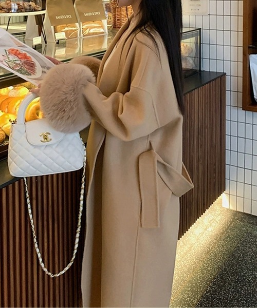 コート アウター エコファー付きウエストベルトロングコート