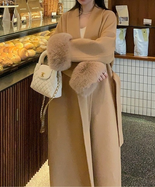 コート アウター エコファー付きウエストベルトロングコート