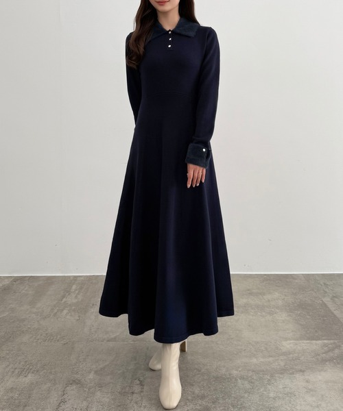 CENEA（セネア） ワンピース シャギーカラーフレアニットワンピース