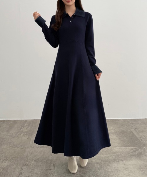 CENEA（セネア） ワンピース シャギーカラーフレアニットワンピース