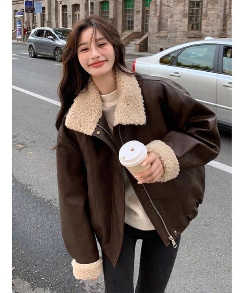 ブルゾン アウター フェイクレザー 襟ボア切り替え レディース