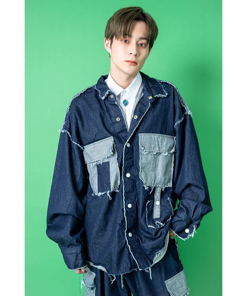 デニムジャケット gジャン a.p.o.v. パッチワークダメージデニムシャツ