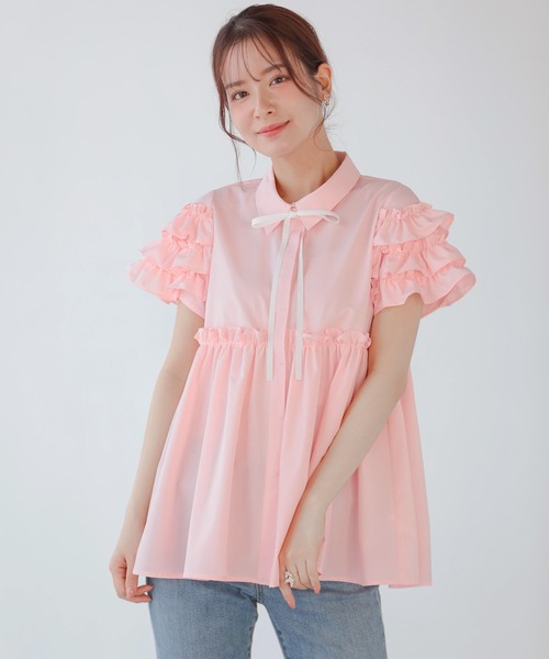 Fit more（フィットモア） ブラウス シャツ グログランリボン袖フリル