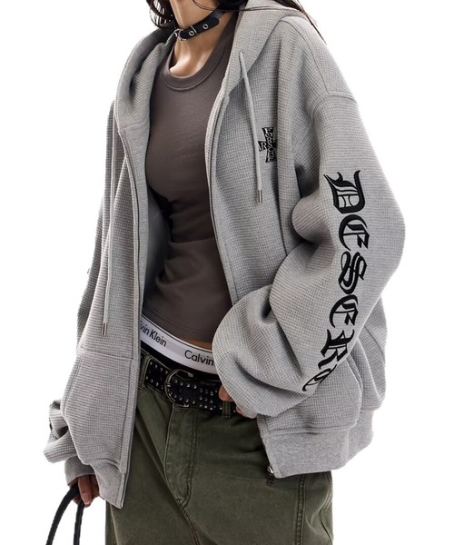 lilful パーカー 袖刺繍 ワッフルジップアップパーカー メンズ