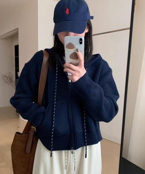 パーカー フード付きジップアップショートカーディガン レディース