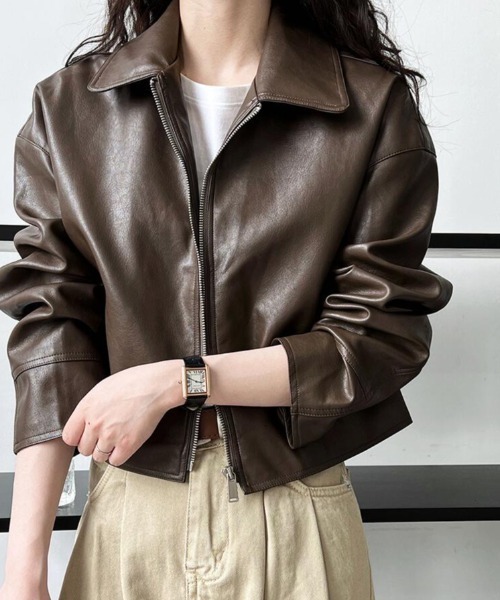 レザージャケット ライダース ショート丈 シンプルデザイン レディース