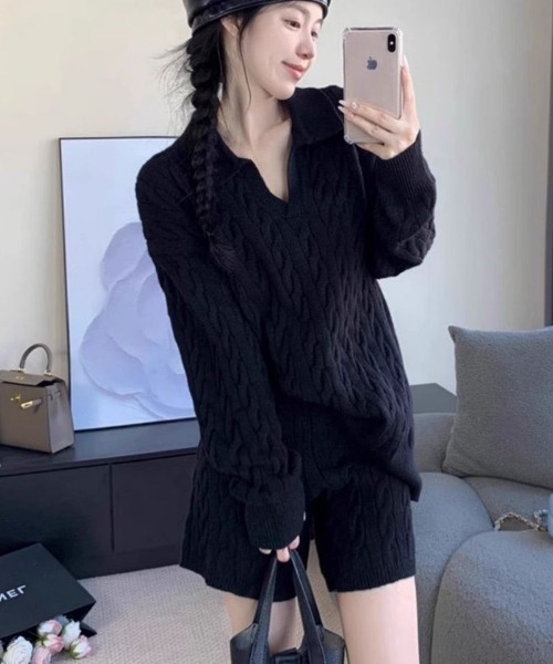 ニット セーター ケーブル編みオーバーサイズ トップス＋ショート