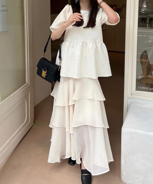 JUNOAH（ジュノア） ブラウス シャツ ふくれジャガードペプラム