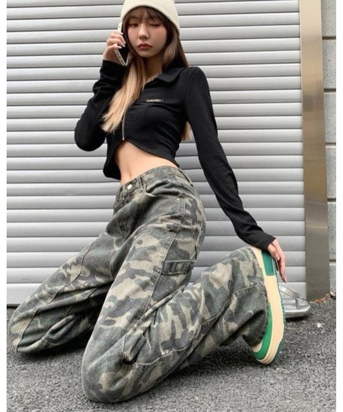 FUNdaysion パンツ 迷彩柄ワイドストレートワークパンツ レディース