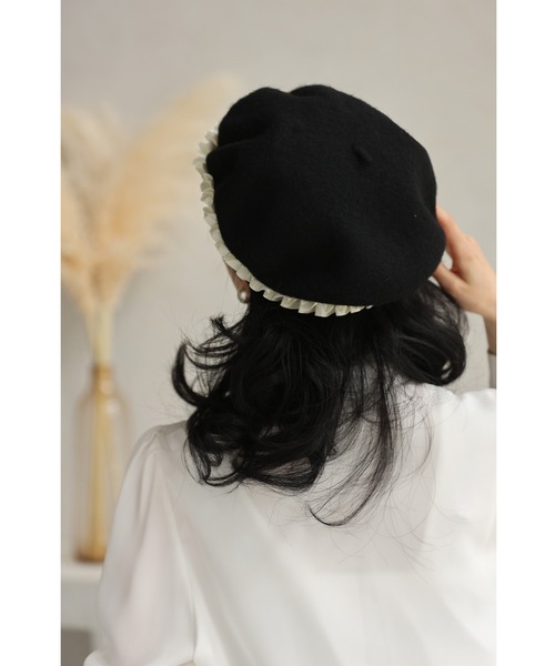 cawaii 帽子 ベレー帽 （黒）ロゼットリボンのベレー帽子 レディース