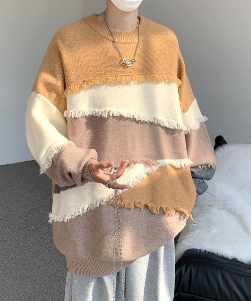 セーター ニット 「FVLMEN」fringe cut crew knit pullover/フリンジ