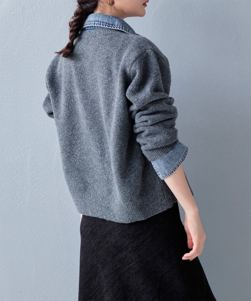 カーディガン デニム切替フェイクレイヤードニットカーディガン