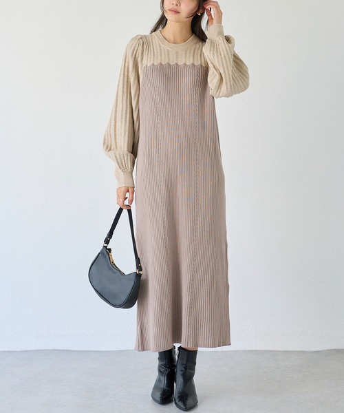 LAVEANGE（ラビアンジェ） ワンピース 「洗える」透かし編み切替ニット
