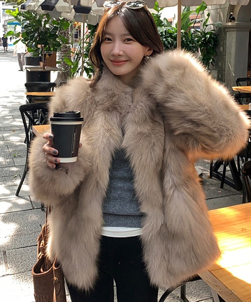 コート アウター スタンドカラーフェイクファーコート レディース