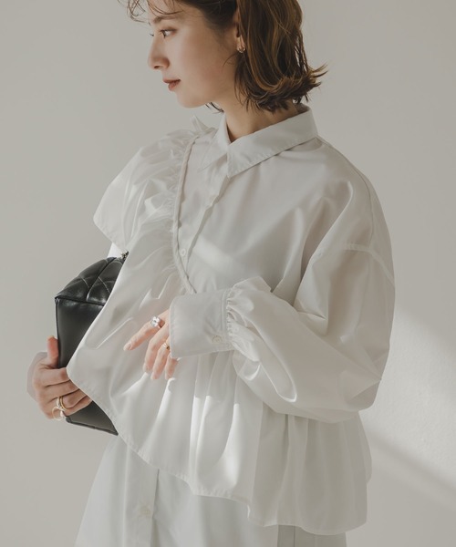 M-PREMIER ブロードクロスフリルプラケットシャツ白 36 パールブラウス