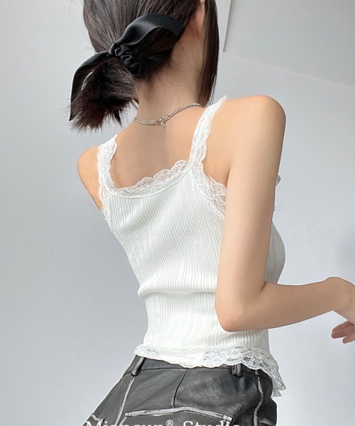 タンクトップ ノースリーブ フリルレースリブ編みタンクトップ
