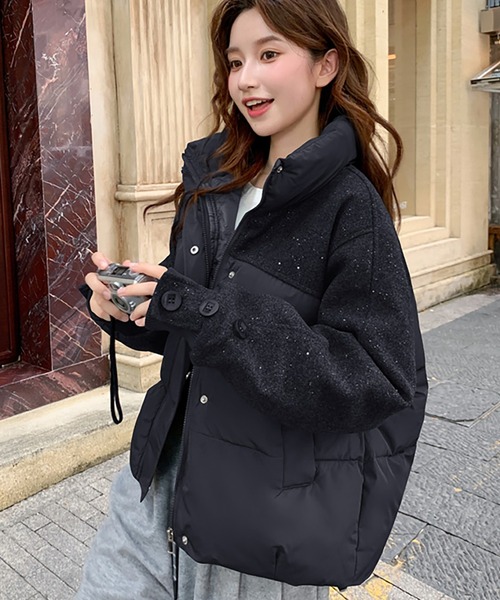 ダウンコート ダウンジャケット スタンドカラー異素材切り替え中綿