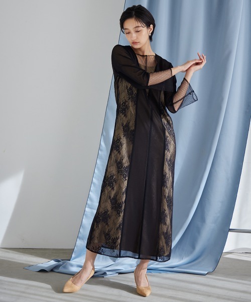 Callarus ドレス 「Callarus」Vネックチュールデザインロング丈