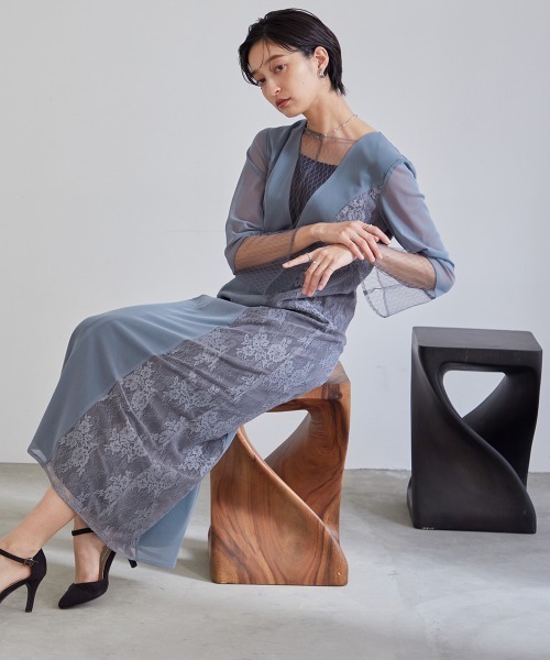 Callarus ドレス 「Callarus」Vネックチュールデザインロング丈