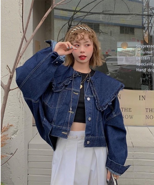 ALMO デニムジャケット gジャン フリルビッグカラーデニムジャケット